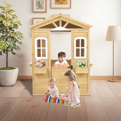 SUMIJ Wooden Playhouse for Kids Outdoor with Working Door Windows Mailbox Flowers Pot Holder Wayfair